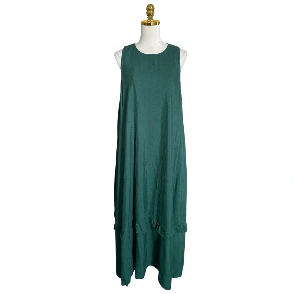 Alfani Women Green Ruffled Tiered Sleeveless Linen-Blend Maxi Dress Size Large - Picture 2 of 8